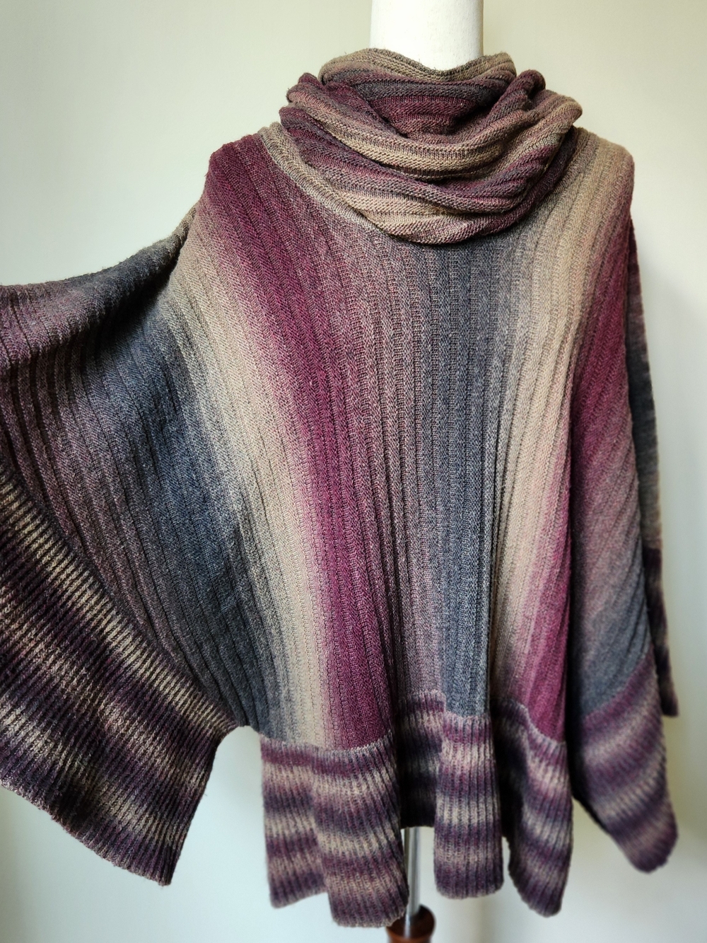 Ombre Purple Gray Tan Striped Cowl Neck Knit Sweater Poncho Cozy Draped Cape M